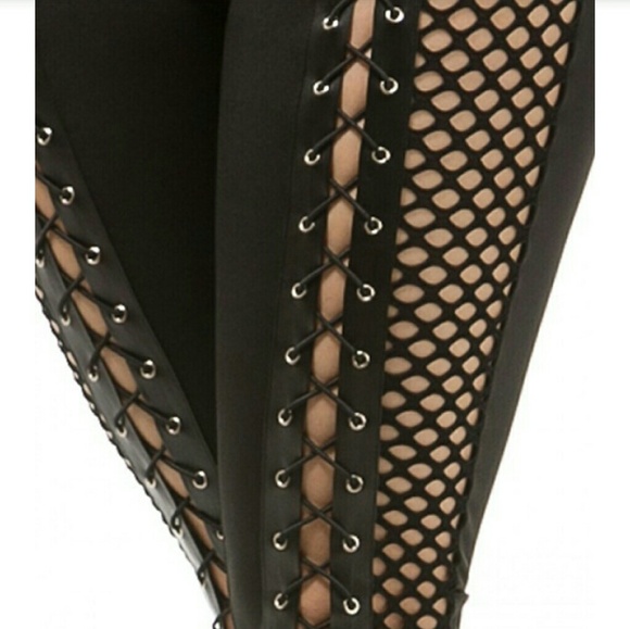 Side Fishnet Contrast Lace up Pants - Picture 3 of 4
